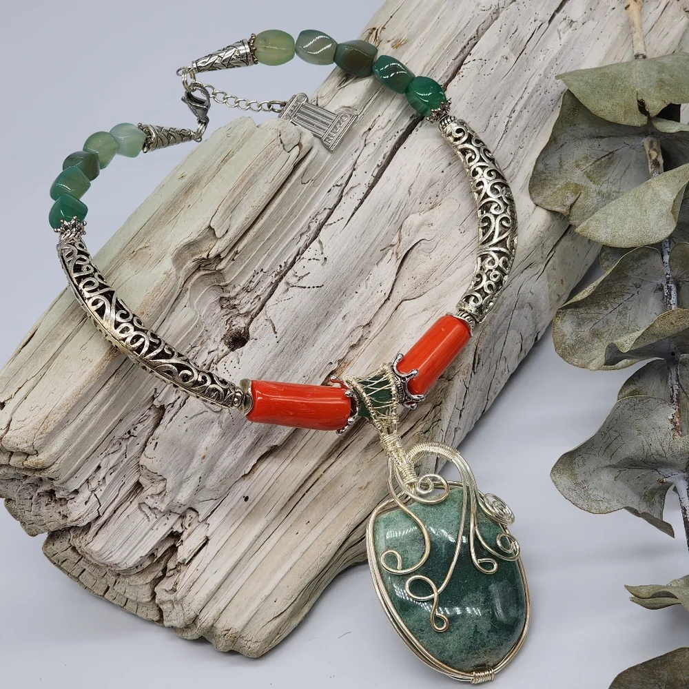 Designer Silver Necklace Natural Malaysia Green Jade Pendant Red Coral